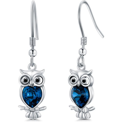 Sterling Silver Heart Shaped Crystal Owl Drop Earrings