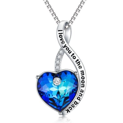 Sterling Silver Heart Crystal Pendant Necklace With Engraved Word For Women