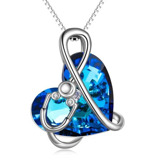 Sterling Silver Blue Heart Crystal Stethoscope Necklace Jewelry Gift For Nurses Doctors