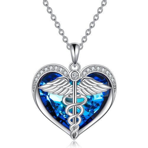 Sterling Silver Heart Snake & Feather Blue Crystal Pendant Necklace for Women