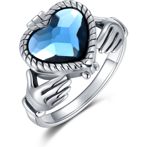 Sterling Silver Heart Shaped Crystal Personalized Photo & Angel Wing Ring