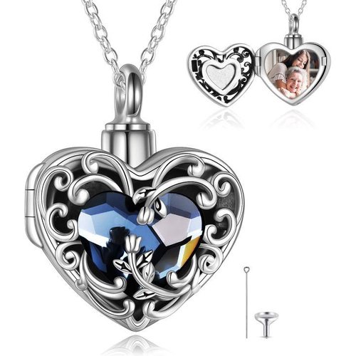 Sterling Silver Heart Crystal Personalised Photo Urn Necklace For Ashes With Engraved Word
