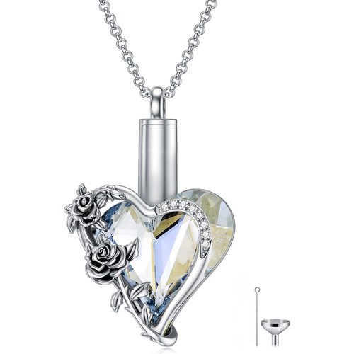 Sterling Silver Heart Crystal Rose & Heart Urn Necklace For Ashes For Women Best Friends