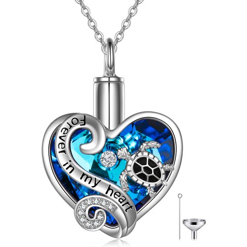 Sterling Silver Heart Crystal Sea Turtle Urn Necklace For Ashes For Women