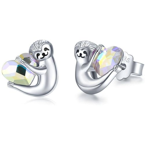 Sterling Silver Heart Shaped Crystal Sloth Stud Earrings