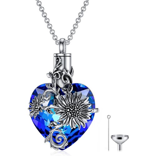 Sterling Silver Heart Shaped Crystal Sunflower Pendant Necklace