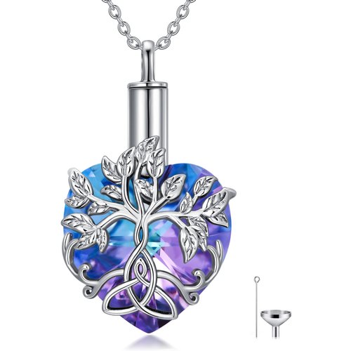 Sterling Silver Heart Shaped Crystal Tree Of Life & Celtic Knot Urn Necklace for Ashes