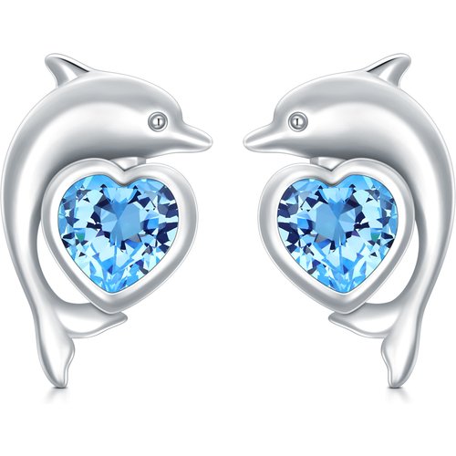 Sterling Silver Heart Shaped Cubic Zirconia Dolphin Stud Earrings