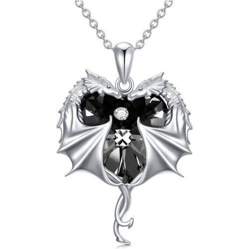 Sterling Silver Heart Crystal Dragon Pendant Necklace For Women