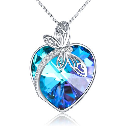 Sterling Silver Heart Crystal With Zircon Dragonfly Pendant Necklace For Women