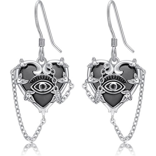 Sterling Silver Heart Shaped Evil Eye Drop Earrings