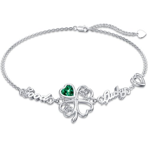Sterling Silver Heart Cubic Zirconia Four Leaf Clover & Celtic Knot Charm Personalised Engraving Bracelet