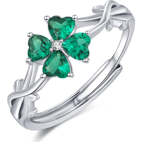 Sterling Silver Heart Shaped Cubic Zirconia Four Leaf Clover & Ivy Ring