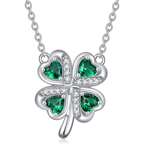 Sterling Silver Heart Shaped Cubic Zirconia Four Leaf Clover Pendant Necklace