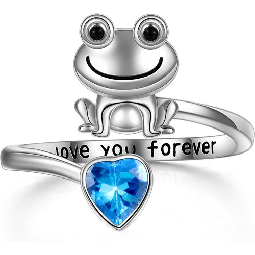 Sterling Silver Heart Cubic Zirconia Frog & Heart Open Ring With Engraved Word