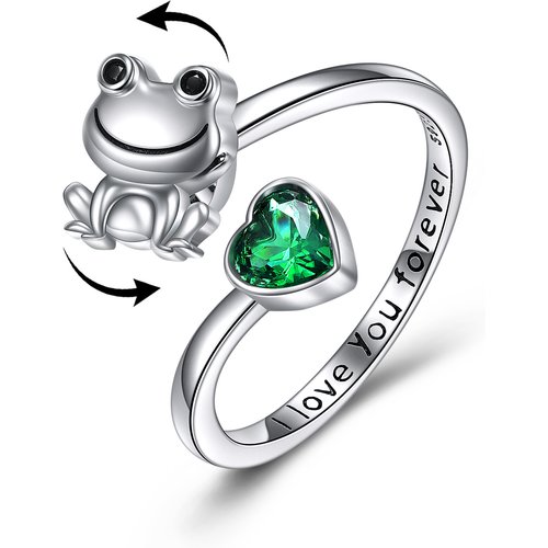Sterling Silver Heart Cubic Zirconia Frog Spinner Engraving Ring