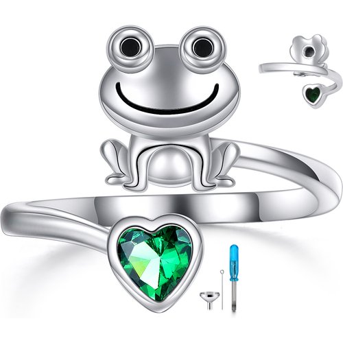 Sterling Silver Heart Shaped Cubic Zirconia Frog Urn Ring