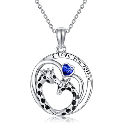 Sterling Silver Heart Blue Cubic Zirconia Giraffe Pendant Necklace with Engraved Word
