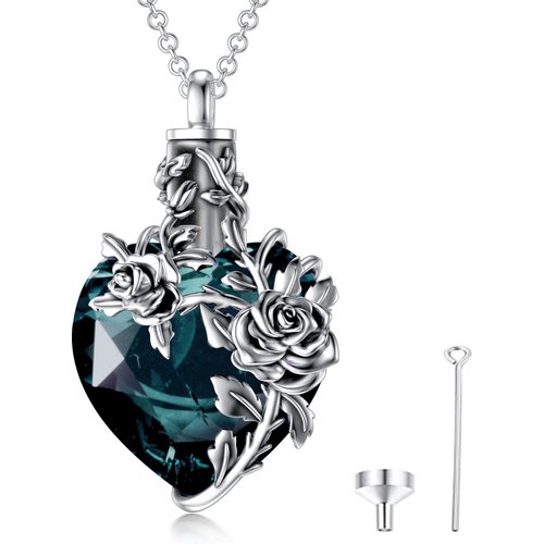Sterling Silver Heart Green Crystal Rose Urn Necklace For Ashes