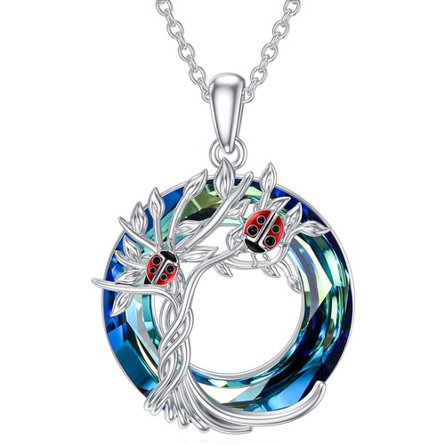 Sterling Silver Heart Shaped Ladybug & Tree Of Life Crystal Pendant Necklace