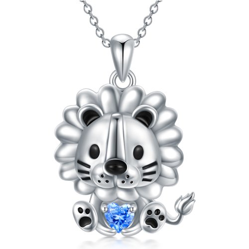 Sterling Silver Lion & Heart Pendant Necklace With Blue Crystal