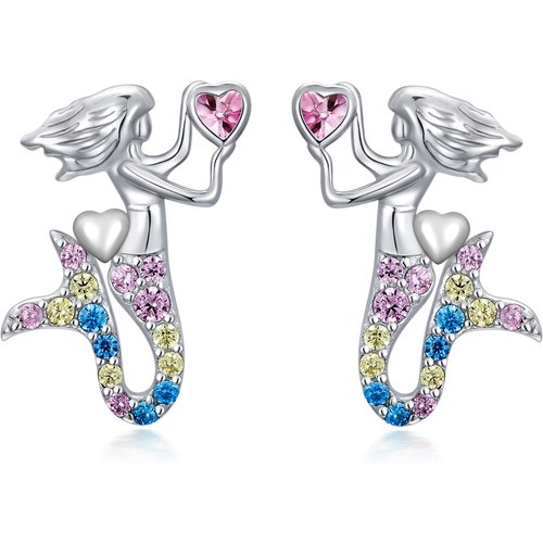 Sterling Silver Heart Shaped Cubic Zirconia Mermaid Stud Earrings