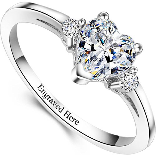 Sterling Silver Heart Shaped Moissanite Personalized Engraving Wedding Ring
