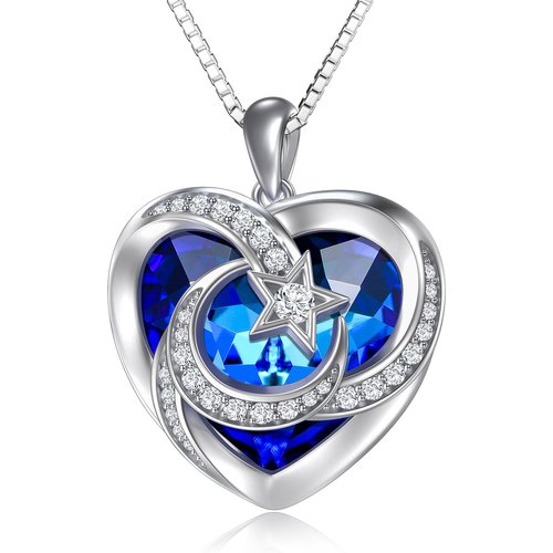 Sterling Silver Heart Crystal Interlocking Hearts & Moon Pendant Necklace For Women