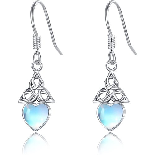 Sterling Silver Heart Shaped Moonstone Celtic Knot Drop Earrings