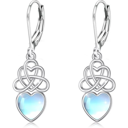 Sterling Silver Heart Shaped Moonstone Celtic Knot Lever-back Earrings