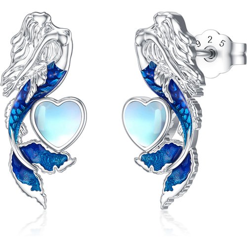 Sterling Silver Heart Shaped Moonstone Mermaid Tail Stud Earrings