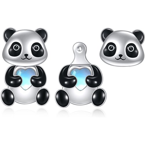 Sterling Silver Heart Shaped Moonstone Panda Jacket Earrings