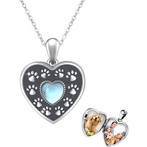 Sterling Silver Heart Shaped Moonstone Paw Personalized Photo Locket Necklace