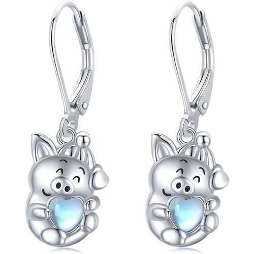 Sterling Silver Heart Shaped Moonstone Pig Lever-back Earrings