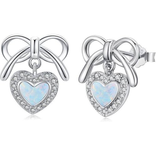Sterling Silver Heart Opal Bow Stud Earrings For Women