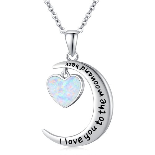 Sterling Silver Heart Shaped Opal Moon Pendant Necklace with Engraved Word