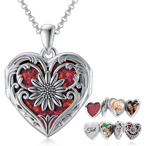 Sterling Silver Heart Opal Sunflower Personalized Engraving Photo Locket Necklace For Women