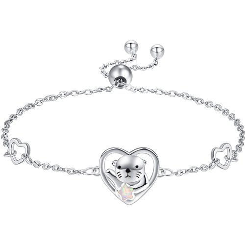 Sterling Silver Heart Opal Sea Otter Charm Bracelet For Women