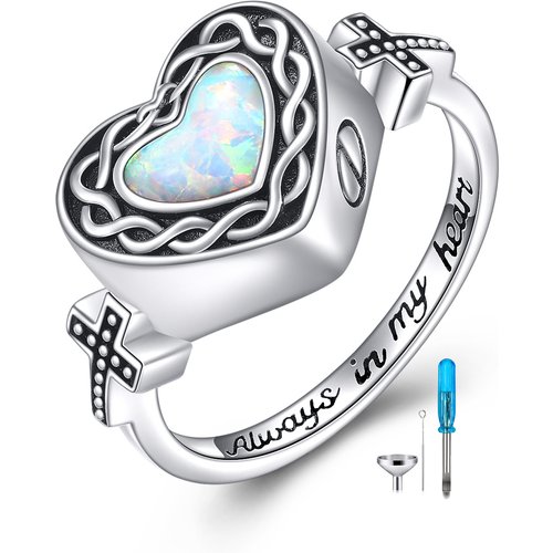 Sterling Silver Heart Opal Heart Urn Ring With Engraved Word
