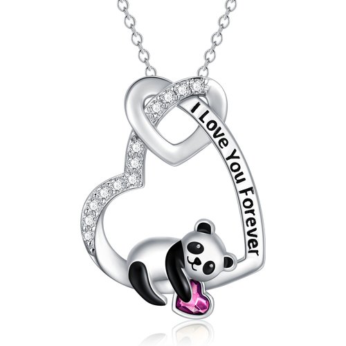 Sterling Silver Pink Heart Cubic Zirconia Panda With Heart Pendant Necklace With Engraved Word For Women