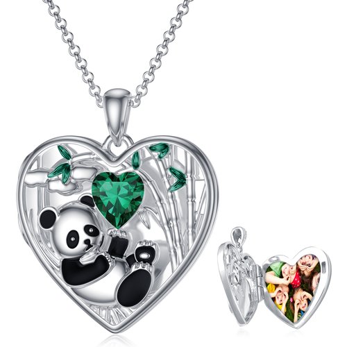 Sterling Silver Heart Shaped Panda Personalized Photo Locket Necklace