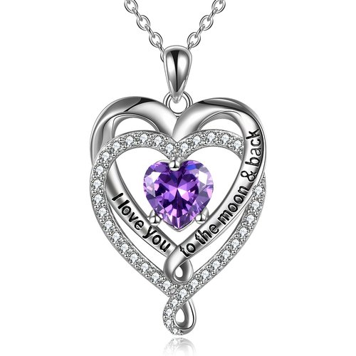 Sterling Silver Cubic Zirconia Birthstone Double Heart Pendant Engraving Necklace For Women
