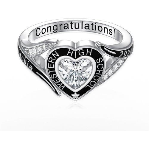 Sterling Silver Heart Cubic Zirconia Personalized Birthstone & Engraving Ring For Women Best Friends