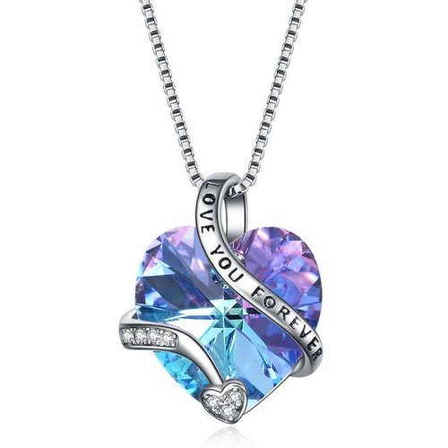 Sterling Silver Heart Shaped Purple Crystal Pendant Necklace Engraved Love You Forever