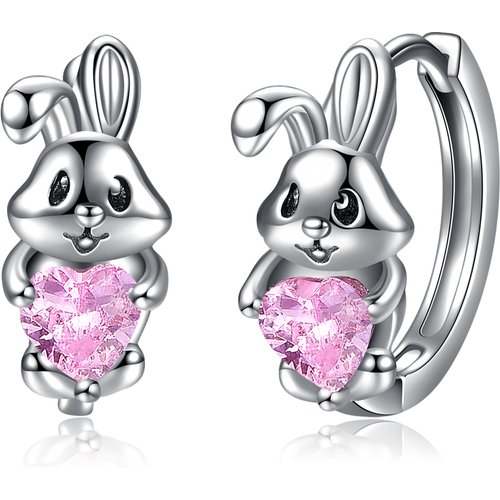 Sterling Silver Heart Shaped Cubic Zirconia Rabbit Hoop Earrings