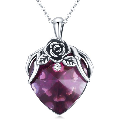 Sterling Silver Oxidized Heart Rose Purple Crystal Pendant Necklace