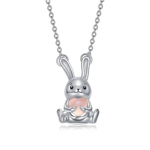 Sterling Silver Heart Rose Quartz Rabbit Pendant Necklace For Women