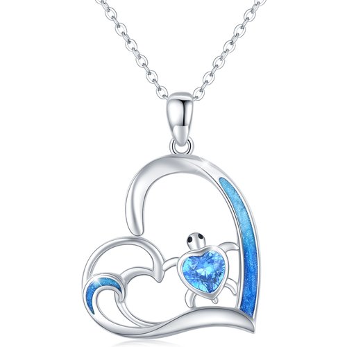 Sterling Silver Heart Crystal Sea Turtle & Heart Pendant Necklace For Women