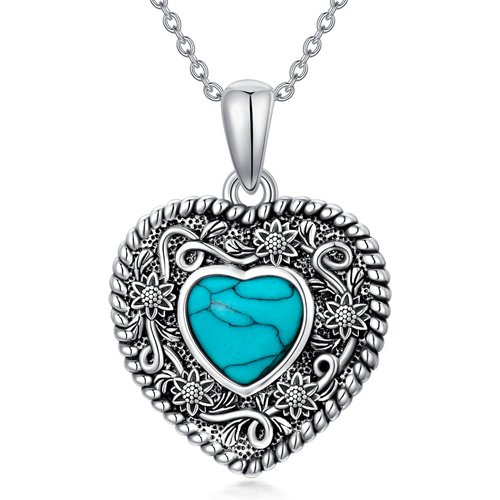 Sterling Silver Heart Shaped Turquoise Sunflower & Heart Pendant Necklace