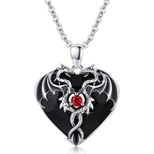 Sterling Silver Heart Black Crystal Twisted Dragon Pendant Necklace For Unisex